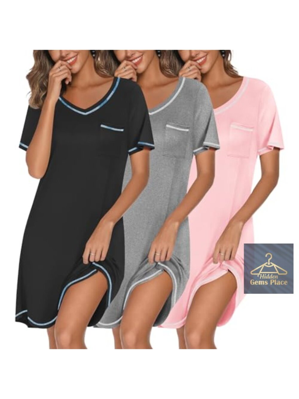 Ekouaer 3 Pack Women's Nightgowns Short Sleeve Sleep Shirt Soft Sleepwear